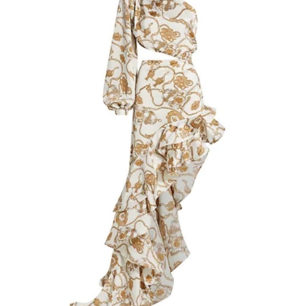 NWOT $750 Bronx and Banco one shoulder ruffle chain paint gown
